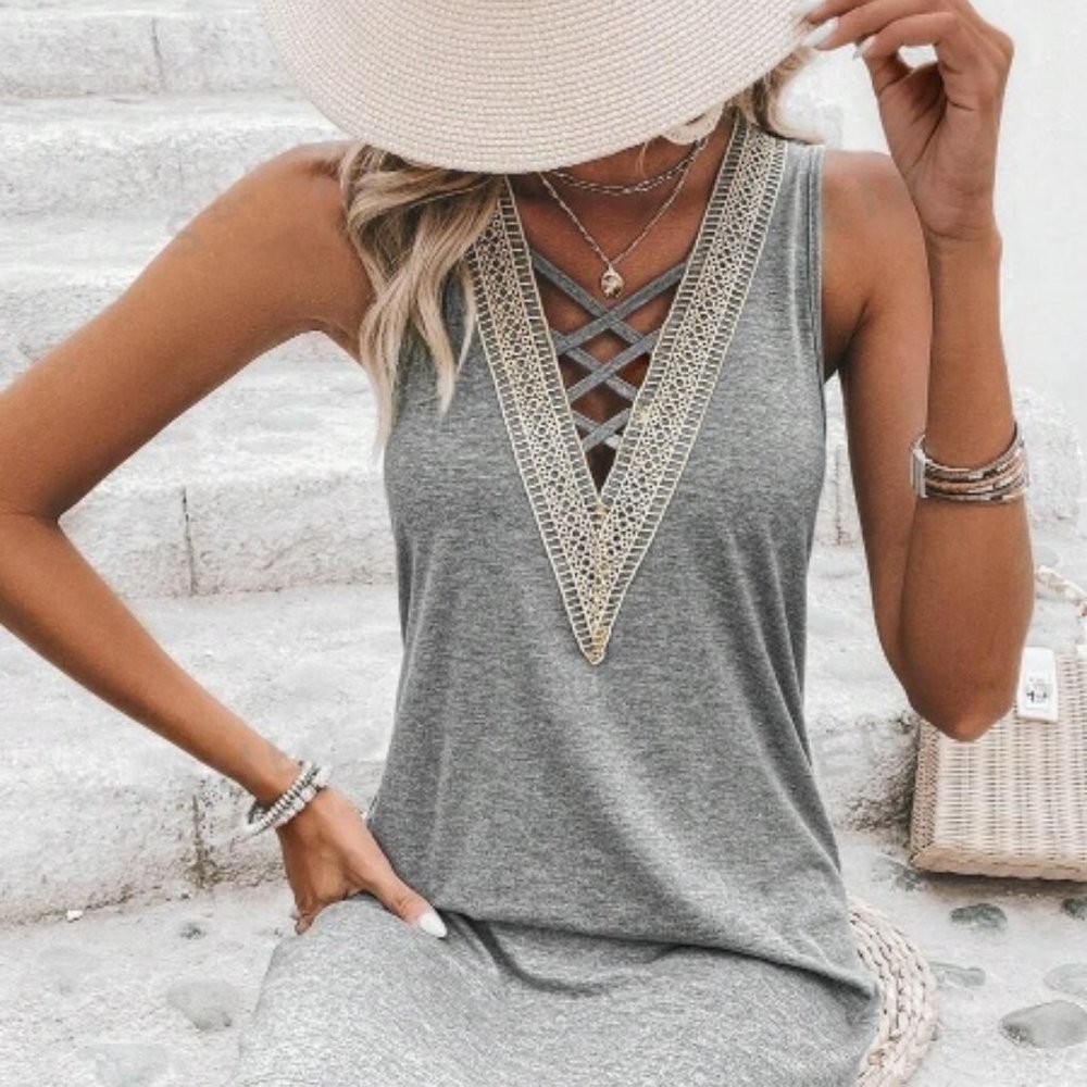 Light Gray Criss Cross Lace Tank Dress